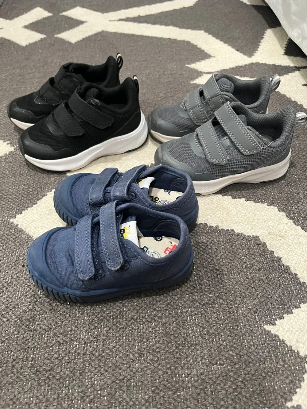 Size 5 Velcro Shoes in Black, Gray and Navy